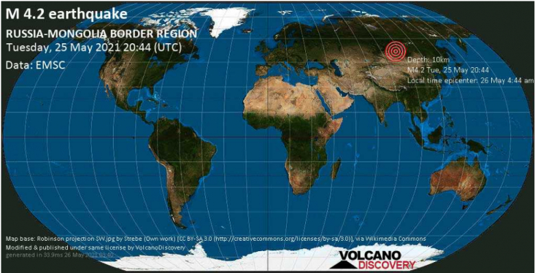 Хөвсгөл аймгийн Ханх, Төртөөс баруун зүгт 17 км-т тавдугаар сарын 26-ны өдрийн 4:44 цагт дунд зэргийн 4.2 магнитудын газар хөдлөлт боллоо